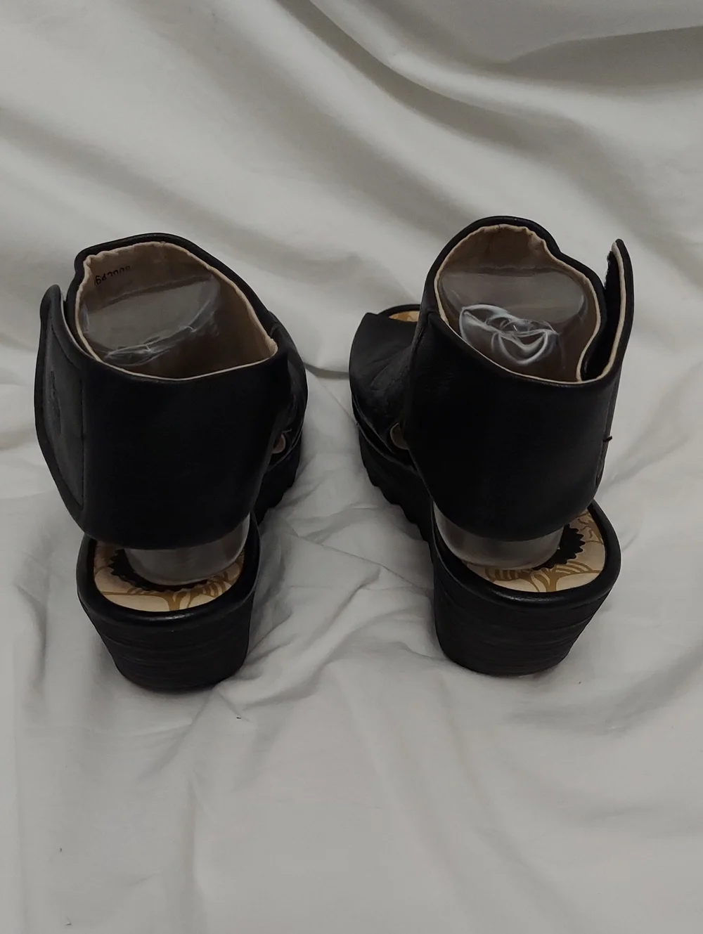 Fly London Yone black leather peep-toe wedge platform sandals Womens 40